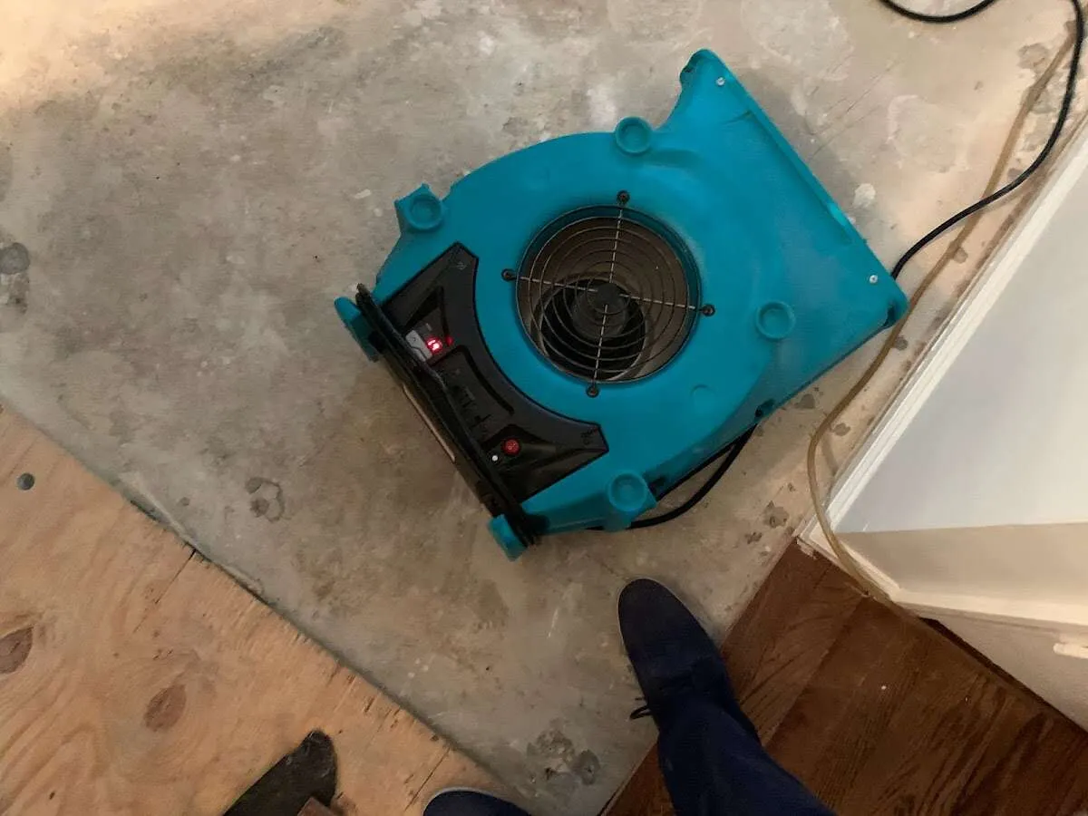 Air mover drying subfloor during Commercial Water Damage Restoration in Glen Ridge